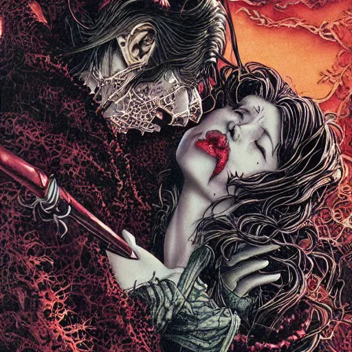 Image similar to closeup of vampire kiss, wax, by yoichi hatakenaka, masamune shirow, josan gonzales and dan mumford, ayami kojima, takato yamamoto, karol bak