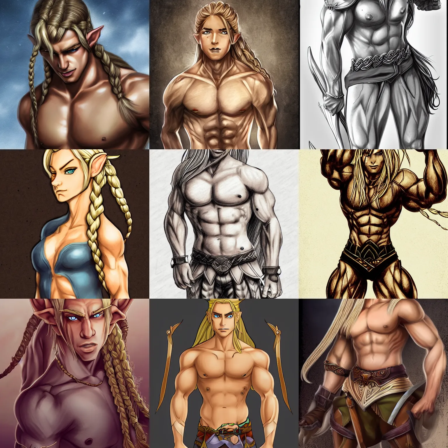 Prompt: a half elf with long blonde hair braided till waist, dark brown eyes, full lips, muscular and lean build, character art, character drawing, highly detailed