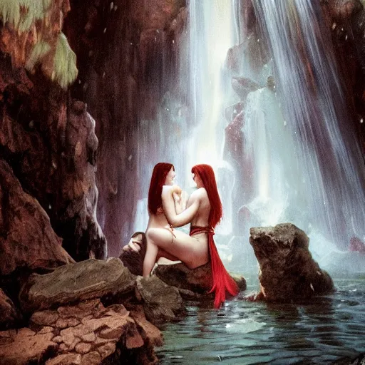 Image similar to an extremely detailed portrait of polyamorous red haired vampire queens kissing while hiding from a thunderstorm in a cave behind a waterfall, epic fantasy, viewed in profile from far away, sharp focus, detailed face, art by greg rutkowski and alphonse mucha, volumetric lighting, 4 k resolution, trending on artstation, masterpiece