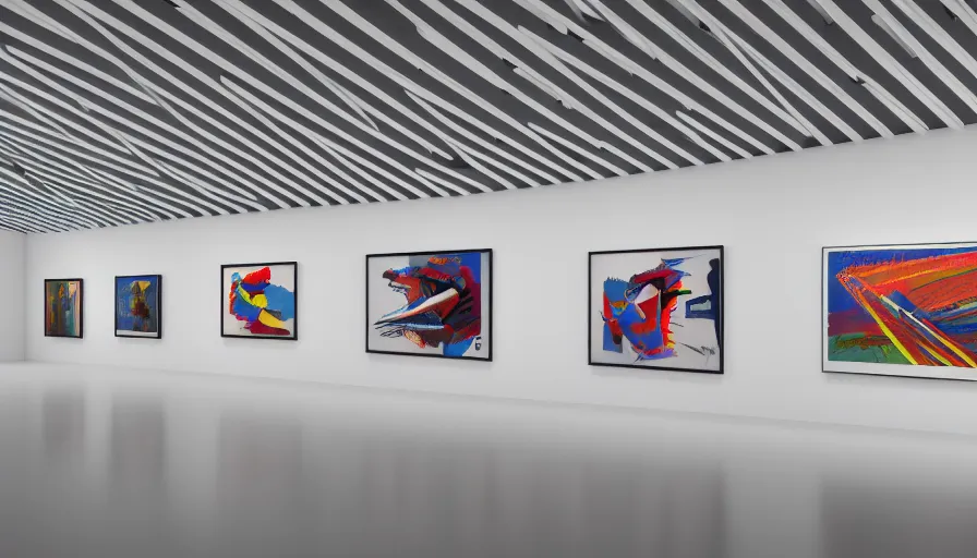 Prompt: interior futuristic art gallery wide angle highly detailed by santiago calatrava, three wall hanging paintings famous pieces by warhol!, captivating 8 k hdr, octane render godrays hyperrealism