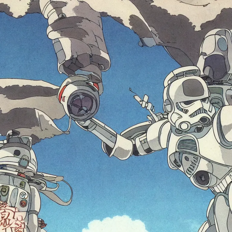 Image similar to 1 9 9 0 studio ghibli animation cel still from nausicaa of the valley of the wind of a portrait of a storm trooper