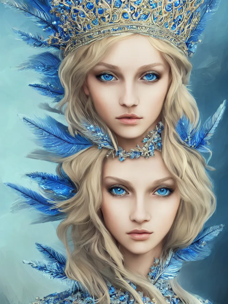 Image similar to A beautiful blonde Slavic woman, highly detailed full body, beautiful blue eyes, detailed intricate blue crown, feathers, wearing fancy clothes, highly detailed figure, fractal crystal, epic composition, ultra wide-shot, dynamic pose, concept art, beautifully lit, digital painting, smooth, desaturated color theme, character design, sharp focus, elegant, intricate, post processing, artstation, by WLOP, James Jean, Victo Ngai, ryohei hase