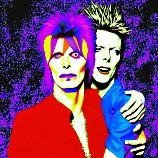 Prompt: david bowie from labyrinth getting a piggy back ride from ziggy stardust, digital art, glam rock. pop art background.