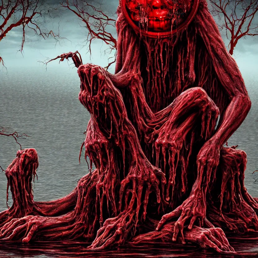 Image similar to a portrait of ( a monster with five heads, twelve arms, and sixteen legs ), sitting on ( chair made of human limbs ), ( the chair is floating in a lake of blood ), ( in the lake is a giant melting tree ), digital art, hyperrealistic nightmare scene, supernatural, highly detailed, creepy, terrifying