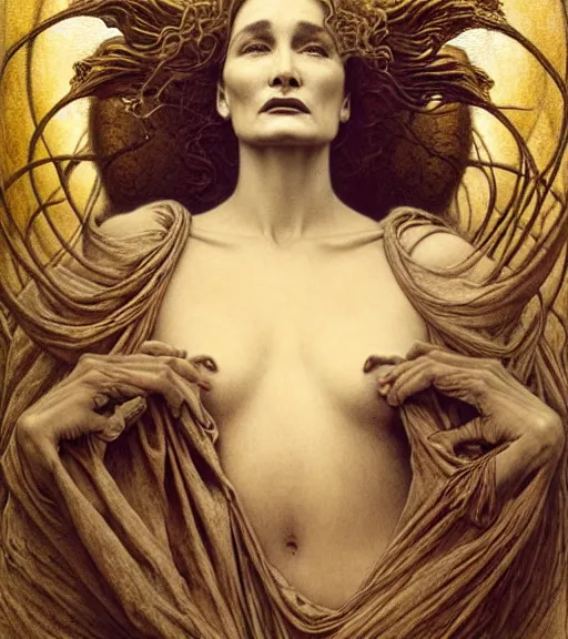 Image similar to detailed realistic beautiful young jessica lange as queen of mars face portrait by jean delville, gustave dore and marco mazzoni, art nouveau, symbolist, visionary, gothic, pre - raphaelite. horizontal symmetry by zdzisław beksinski, iris van herpen, raymond swanland and alphonse mucha. highly detailed, hyper - real, beautiful