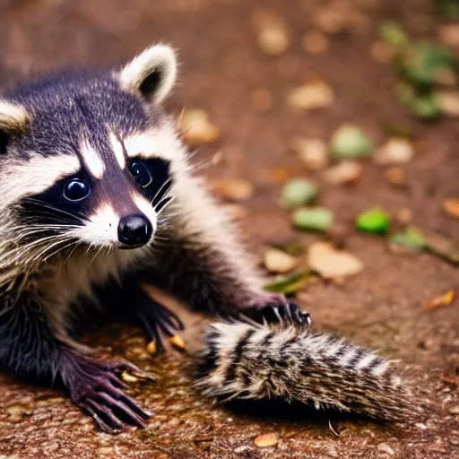 Prompt: a cute baby raccoon playing with a shoe, 5 0 mm f 1. 4