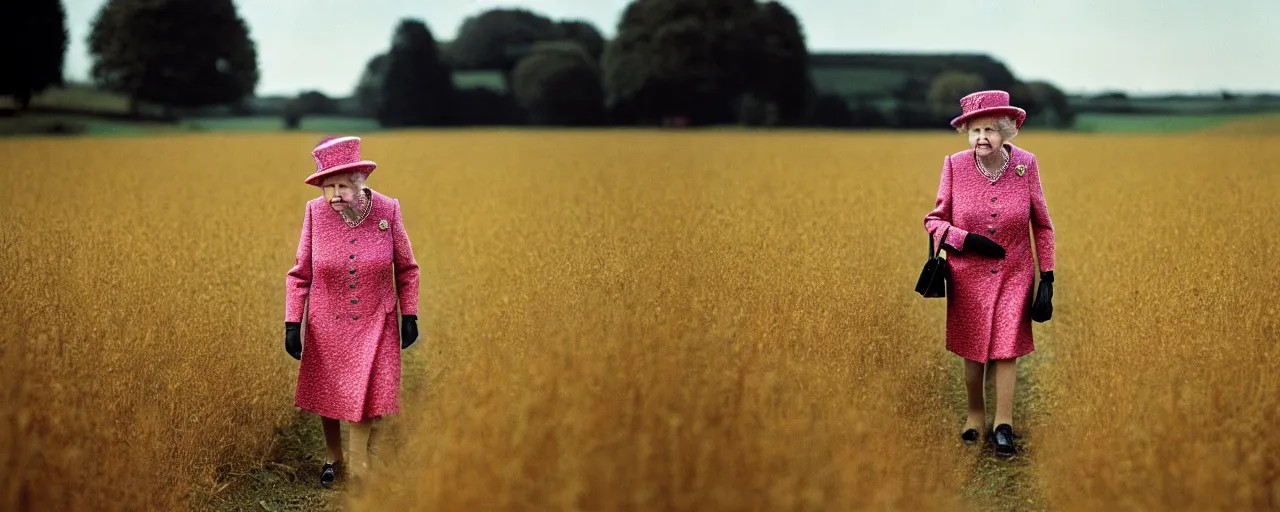 Image similar to queen elizabeth walking through a field of spaghetti in the english countryside, canon 2 0 mm, shallow depth of field, wes anderson, kodachrome