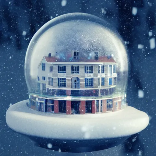 Image similar to a snow globe with a building in it, a computer rendering by leandro erlich, trending on cgsociety, retrofuturism, tesseract, isometric, physically based rendering