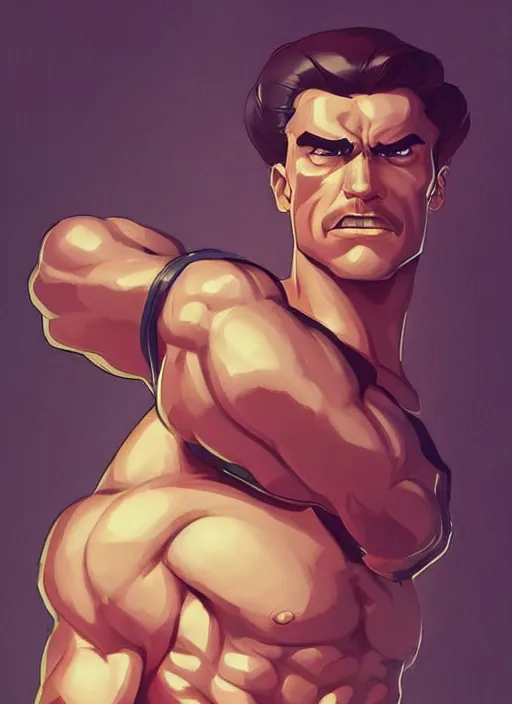 Prompt: Muscular Friedrich Nietzsche with a chiseled Jawline and serious Look, in the Style of Artgerm and Charlie Bowater and Atey Ghailan and Mike Mignola, vibrant colors and hard shadows and strong rim light, Comic Cover Art, plain background, trending on artstation