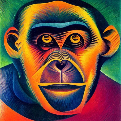 Image similar to cubo - futurism art portrait of an ape monkey by umberto boccioni, futuristic very abstract style painting, futurism art movement