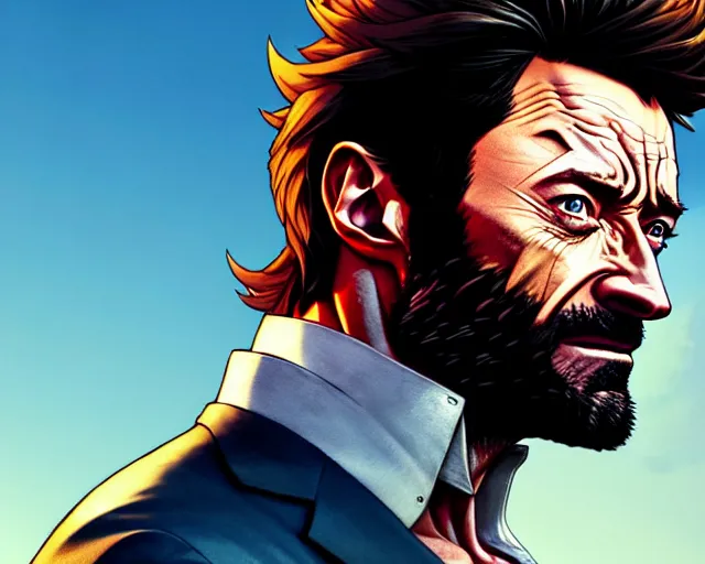 Prompt: hugh jackman as wolverine from logan, hyper - realistic, gta v cover art, cel shading, sharp focus, intricate, detailed, rhads, andreas rocha, makoto shinkai, lois van baarle, ilya kuvshinov, greg rutkowski, dynamic lighting, grunge aesthetic, 4 k