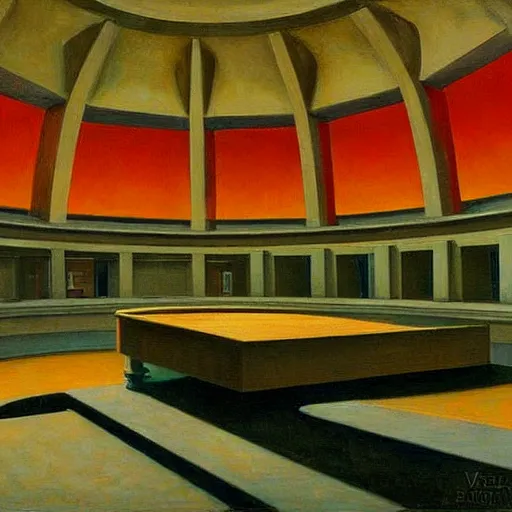 Image similar to death ray doomsday weapon observatory rotunda interior, dystopian, pj crook, edward hopper, oil on canvas