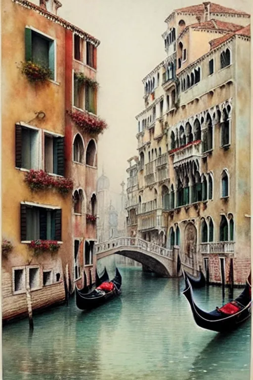 Image similar to (((((1950s fairy tale city venice . muted colors.))))) by Jean-Baptiste Monge !!!!!!!!!!!!!!!!!!!!!!!!!!!