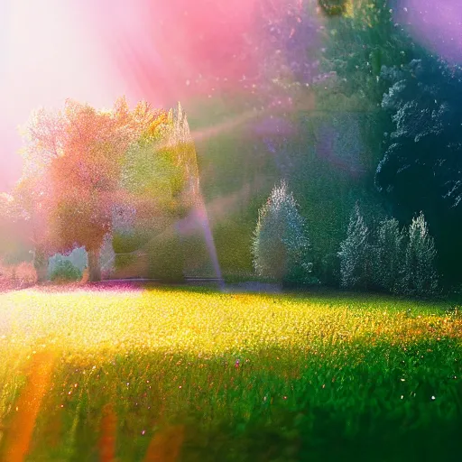 Prompt: landscape in france, lots of sparkling details and sun ray ’ s, blinding backlight, smoke, volumetric lighting, colorful, octane, 3 5 mm, epic colored reflections, very colorful heavenly, softlight