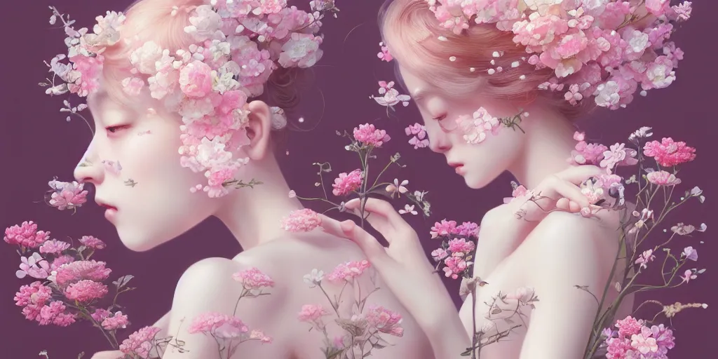 Image similar to breathtaking delicate detailed concept art with flowers and girls, by hsiao - ron cheng, bizarre compositions, exquisite detail, pastel colors, ornate background, 8 k