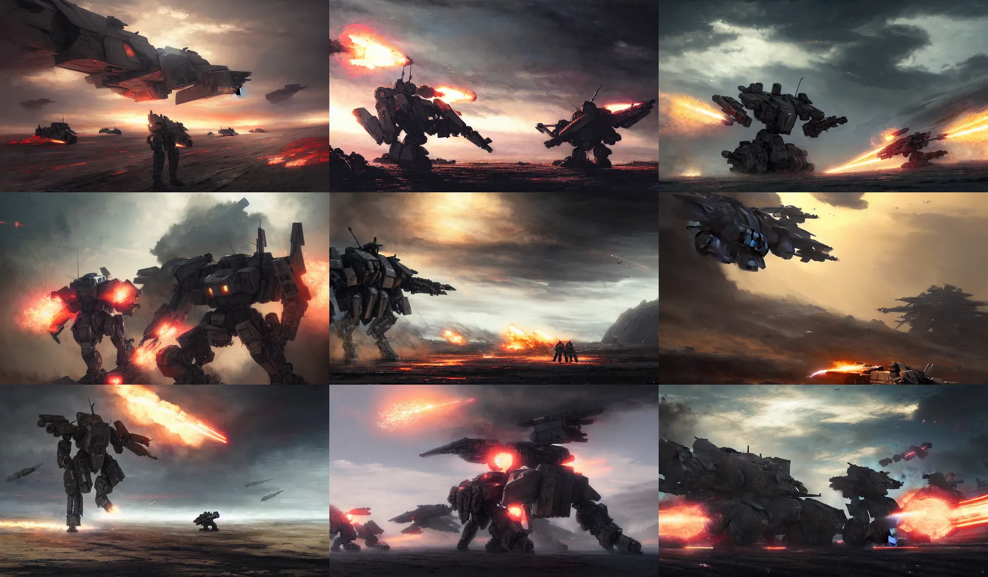 Prompt: an armored core on the ground, booster flares, legs, crossfire, karst landscape, clouds, daylight ; detailed illustrations, pastel tones, deep colors, clear lines, motion blur, by jordan grimme, greg rutkowski