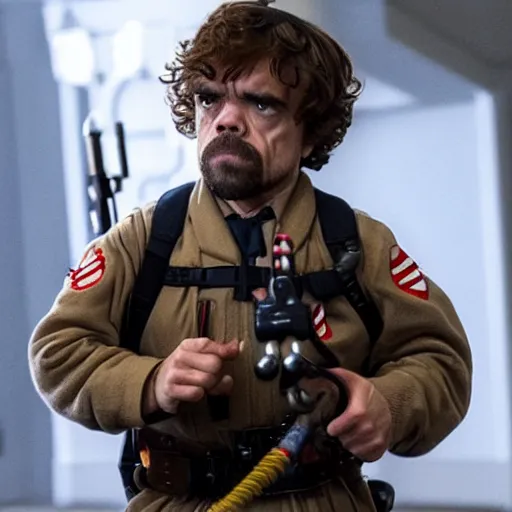 Image similar to stunning awe inspiring peter dinklage as a ghostbuster in the movie ghostbusters, movie still 8 k hdr atmospheric lighting