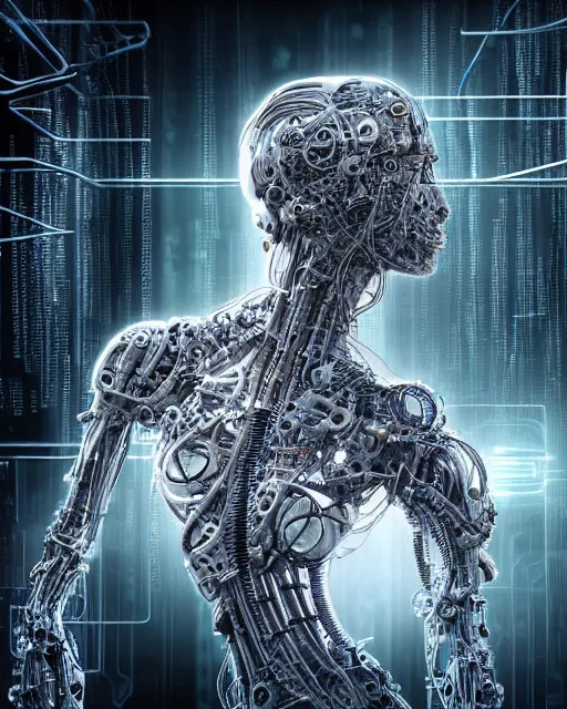 Image similar to portrait photo of a biomechanical torso of a cyborg plugged into a quantum computer with cables and wires and optic fibers. cyberpunk horror style. art by luis royo. highly detailed 8 k. intricate. nikon d 8 5 0 5 5 mm. award winning photography.