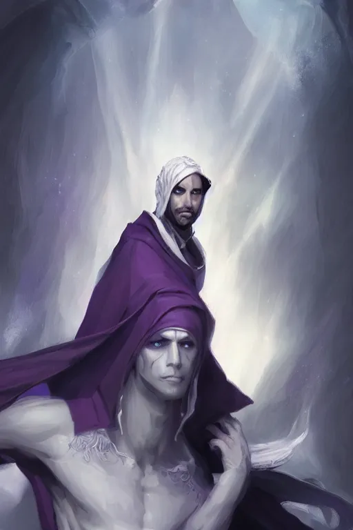 Prompt: white horns djinn man , black hair , portrait, concept art, purple and white thich cloak, illustration, costume design, editorial photo, fashion, hyperrealism, realism, trending on artstation, Charlie Bowater, WLOP