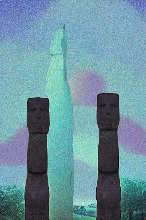 Prompt: moai statue geometric cutout digital illustration cartoon colorful beeple, by thomas kinkade clean