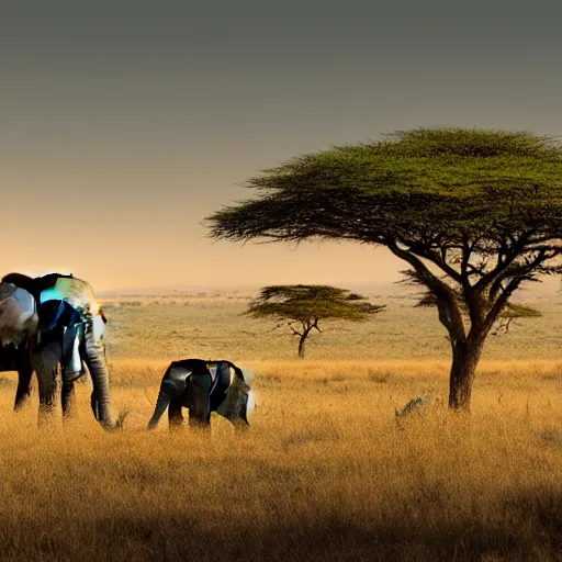 Image similar to a highly detailed panoramic photo of the serengeti. in the far background we see a small boy next to an elephant with an extremely long trunk. 8 k, super resolution