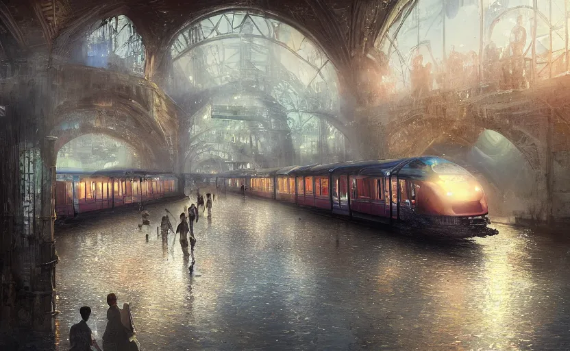Image similar to An urban train rides inside of a waterway on a fantasy city, next to a fountain and a mystical palace, intricate, elegant, volumetric lighting, digital painting, highly detailed, artstation, sharp focus, illustration, concept art, ruan jia, steve mccurry