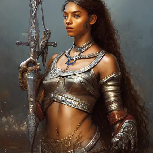 Image similar to artstation concept of a beautiful girl holding a sword in both hands, brown skin, face, silver garment, shiny colorful, hyperdetailed, artstation trending, world renowned artists, worth1000.com, historic artworks society, antique renewel, cgsociety, by greg rutkowski, by Gustave Dore, Deviantart