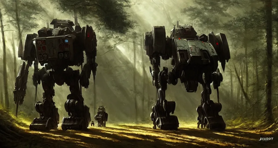 Image similar to giant medieval battlemech walking through a forest, hyper realistic sci - fi matte concept art painting, beautiful details, strong composition painted by kim jung guweta studio rutkowski, james gurney and greg rutkowski, and lucasfilm, smooth, intricate, detailed, sharp focus, cinematic