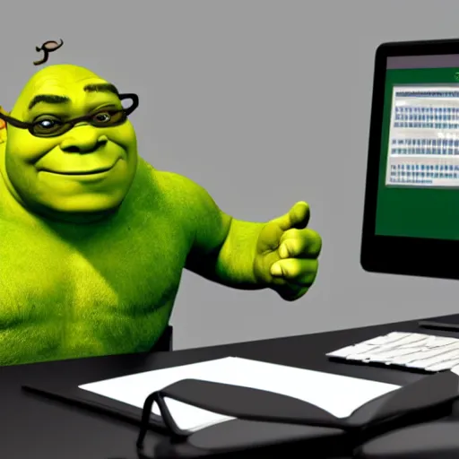 Prompt: stock photo of shrek calculating his taxes, spectacles without border on the end of his nose, microsoft excel 2002 bootcamp instructor
