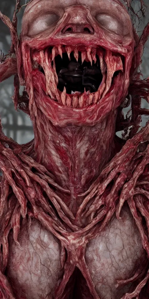 Image similar to smiling photorealistic ultra detailed humanoid creature made of decomposed bloody flesh and bones looking through the window, night, the woods, extremly detailed, 8 k, realistic, sharp focus, cosmic horror creature, cosmic horror, from the movie the thing, mysterious creature, bloody eyes, big eyes