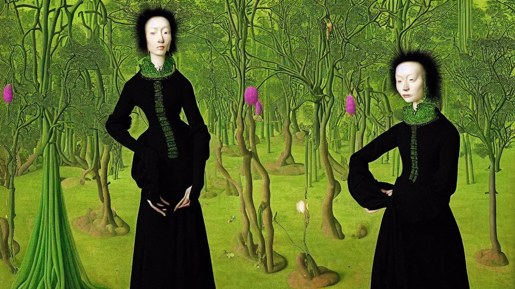 Prompt: portrait of a woman with lime green frizzy hair, wearing a embroidered high collar black dress by balenciaga, standing in a botanical garden, bjork aesthetic, masterpiece, cyberpunk, in the style of rogier van der weyden, masterpiece, asian art