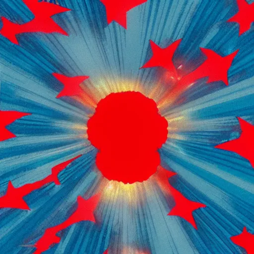 Image similar to red, white and blue nuclear explosion over a city on the fourth of july in the style of m. c. escher, junji ito and beeple, patriotic, mushroom cloud, american flag, 8 k resolution