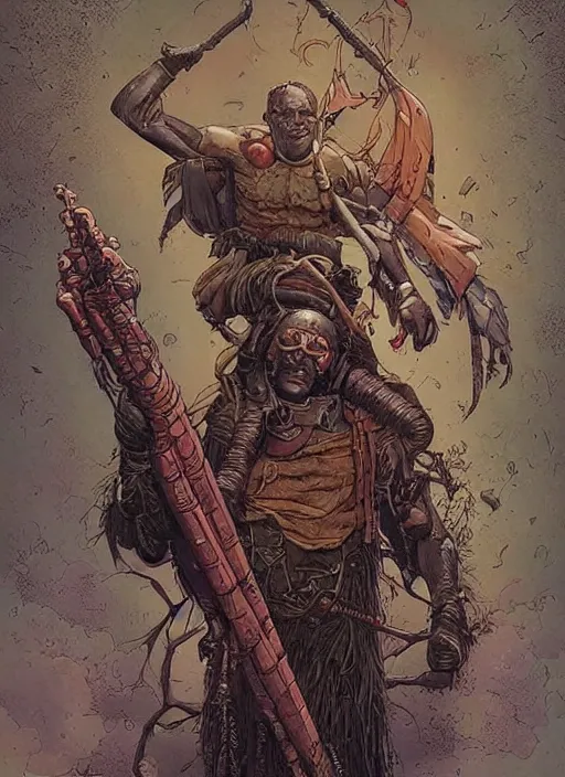 Image similar to hyper realistic photography portrait of postapocalyptic medieval religious occult african amazon cinematic, brom, moebius, juan gimenez