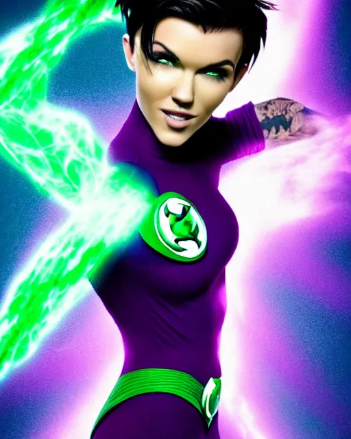 Prompt: photos of beautiful actress Ruby Rose with flawless skin and no tattoos colored as the purple skinned Green Lantern soranik natu as she soars thru outer space,Ruby Rose, photogenic, purple skin, short black pixie like hair, particle effects, photography, studio lighting, cinematic