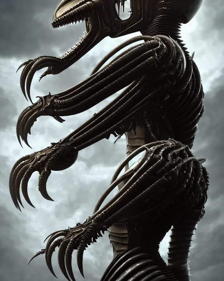 Prompt: epic portrait of alien queen in ring armour by giger and elvgren epic octane vfx maya render