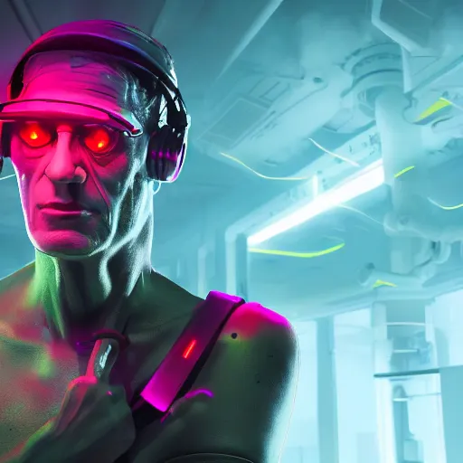 Prompt: Frankenstein wearing a cyberpunk headset, rendered by Beeple, synthwave style, character concept, digital art, unreal engine, WLOP, trending on artstation, 4K UHD image,