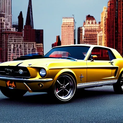 Prompt: 1 9 6 8 ford mustang during golden hour, view of new york in warm light, highly detailed, artstation, concept art