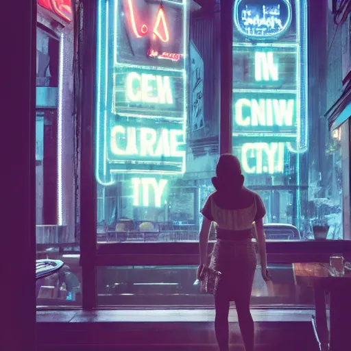 Image similar to vertical movie frame portrait of girl in 5 0's retro restaurant interior, neon - decorated urban on night in the city seen through the window, modern interior design, architectural design, vintage, night blade runner, dark, postapocalyptic, clean lines, 4 k, octane, lunarcore city at distance, big windows, octane, wide angle