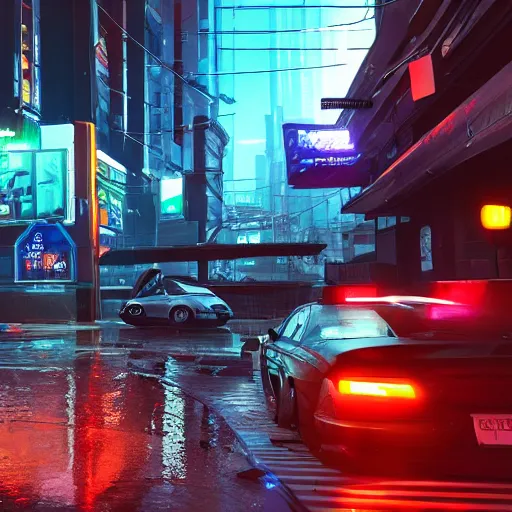 Prompt: cyberpunk street with flying cars, night, rain, rain puddles, realistic, high details, 4k