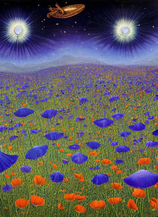 Image similar to detailed, intricate blue black and purple papaverum flower on the field, nebula, galaxy in the sky, winning award masterpiece, fantastically beautiful, illustration, aestheticly inspired, jacek yerka, upscale with anguissola sofonisba work, artstation, 8 k