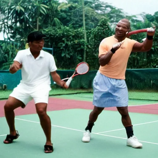 Image similar to mike tyson in vietnam playing tennis