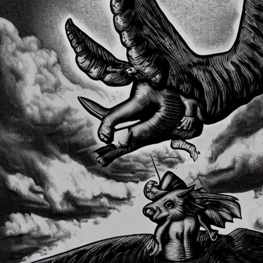 Prompt: winged flying pig with unicorn horn, richard corben style, black and white, 8k