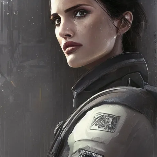 Image similar to portrait of a woman by greg rutkowski, eiza gonzalez as a weyland - yutani mercenary, from aliens franchise, she is about 3 0 years old, military composure, wearing white and black colored tactical gear, highly detailed portrait, digital painting, artstation, concept art, smooth, sharp foccus ilustration, artstation hq