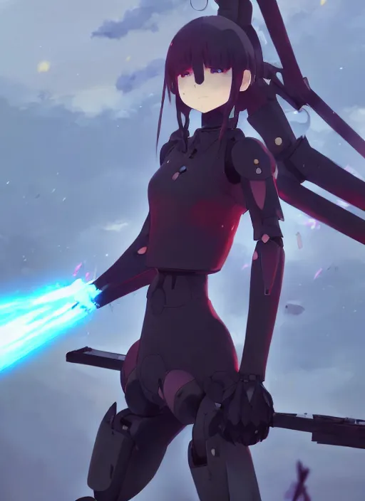 Image similar to homura akemi character, battlefield landscape, illustration concept art anime key visual trending pixiv fanbox by wlop and greg rutkowski and makoto shinkai and studio ghibli and kyoto animation, soldier clothing, cyborg parts, call of duty mecha exoskeleton, grimdark, volumetric lighting, battle tank turret