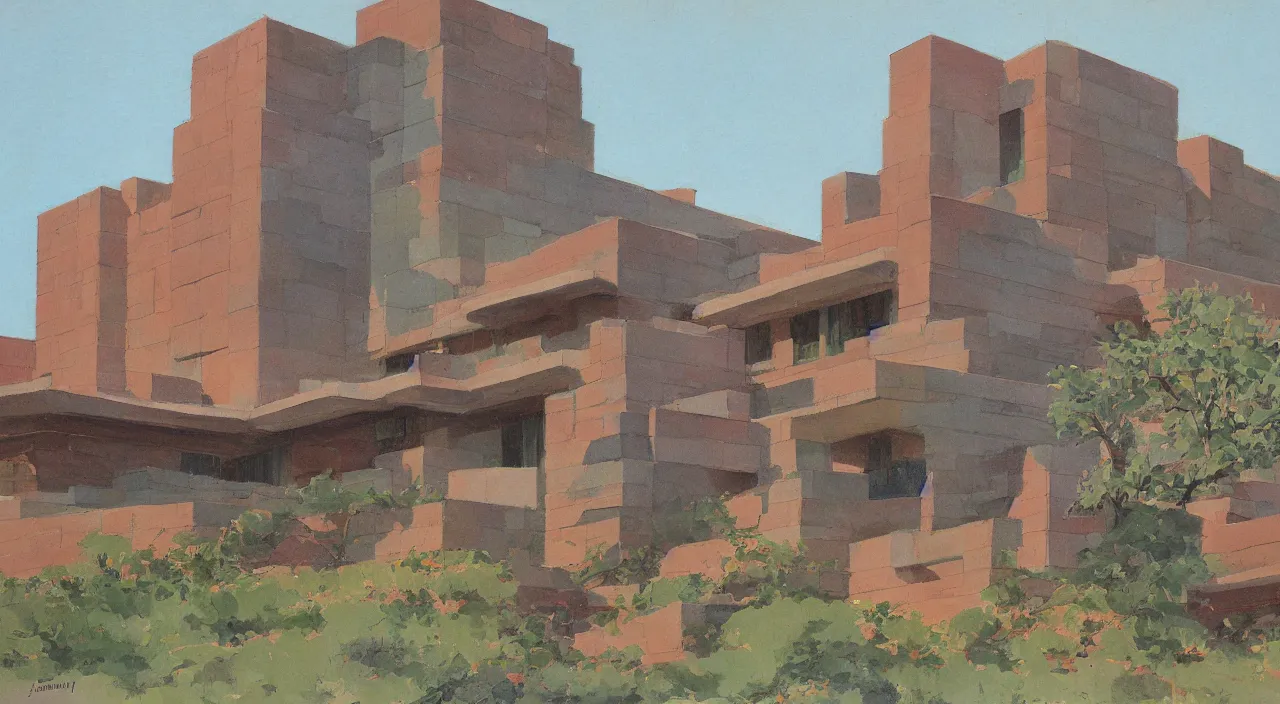 Prompt: gouache by james gurney. building designed by frank lloyd wright