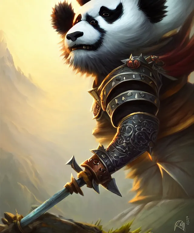 Image similar to a closeup portrait an anthropomorphic panda samurai, wearing armor with spiked shoulders, landscape in background, dnd character art portrait, world of warcraft style, by peter mohrbacher, cinematic lighting