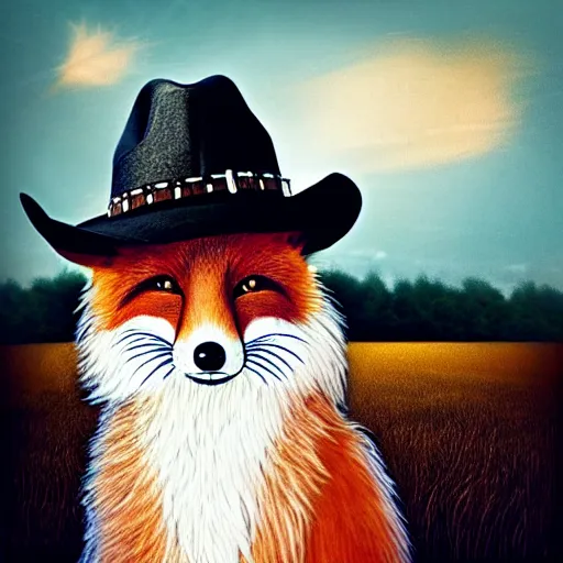 Image similar to a female fluffy anthropomorphic fox animal, head of fox, wearing cowboy hat, wearing plaid shirt, playing guitar, in a field, barn in background, album cover style