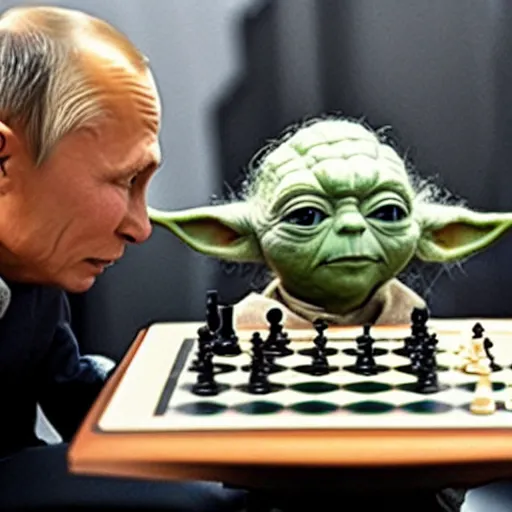 Prompt: photo of yoda playing chess against putin