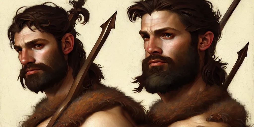 Image similar to renaissance upper body portrait of a gruff ranger with a spear, lean and toned, handsome face, hairy chest, D&D, intricate, elegant, highly detailed, digital painting, artstation, concept art, matte, sharp focus, illustration, art by da Vinci, Artgerm and Greg Rutkowski and Alphonse Mucha