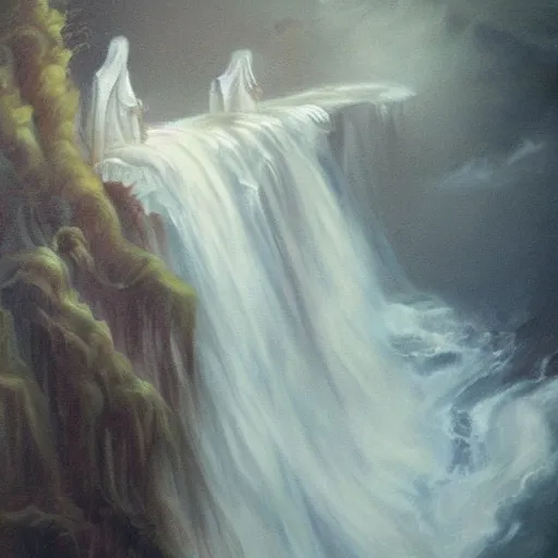 Image similar to ominous bedsheet ghost floating above a waterfall, oil painting, brush strokes, gloomy foggy atmosphere, symmetrical, full body image, highly ornate intricate details,